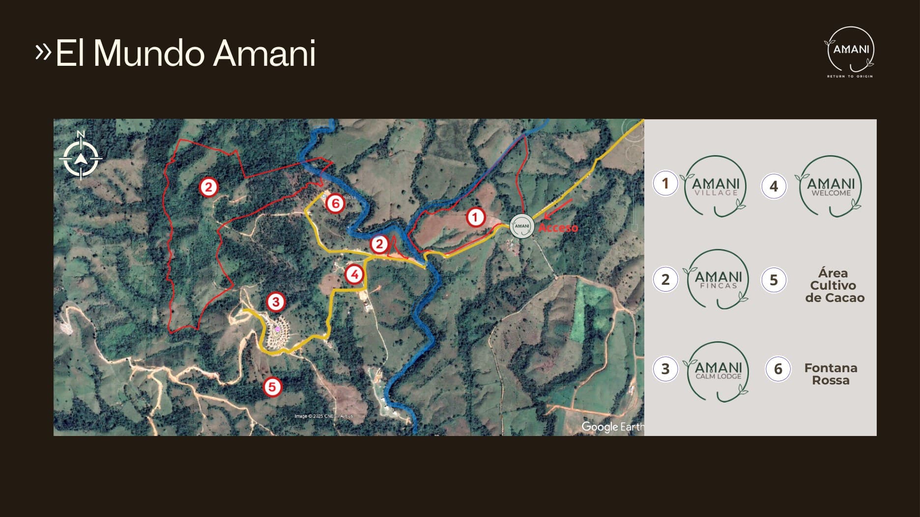 Plano del mundo Amani: Village, Fincas, Calm Lodge, Welcome, cultivo de cacao y Fontana Rossa