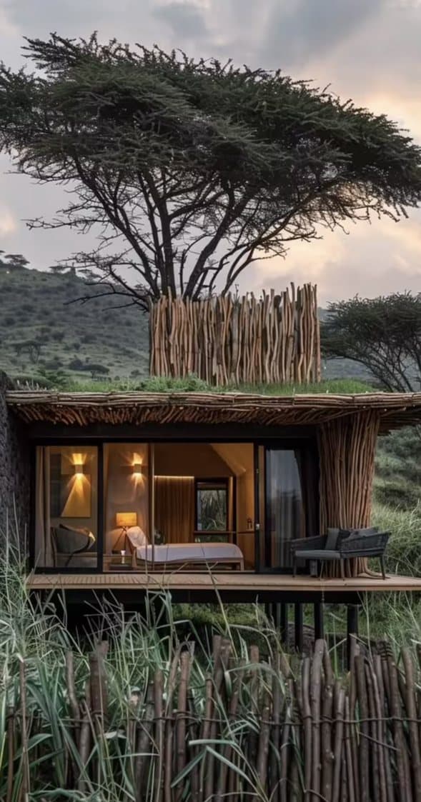 Villa de Amani al atardecer entre la vegetación