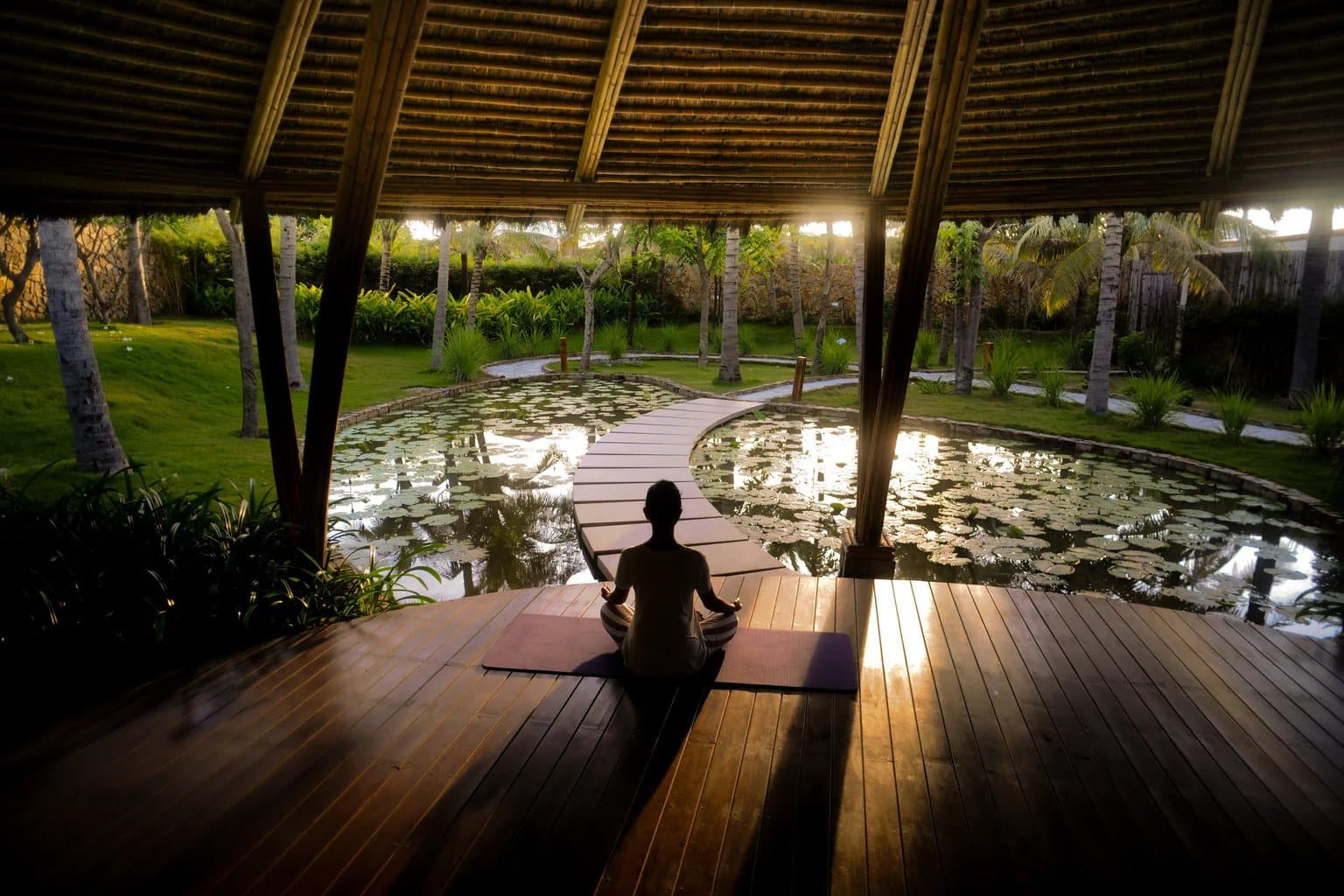 Meditación en la palapa del bienestar de Amani junto al estanque de lotos